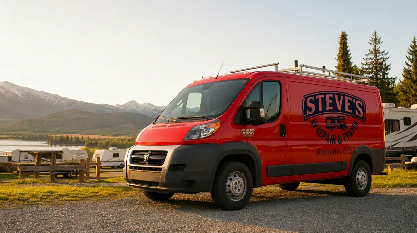 Steve's red Dodge Ram ProMaster mobile RV repair van
